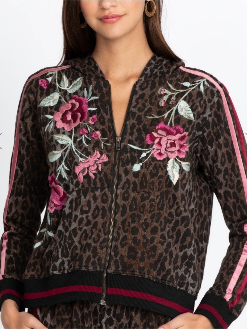 Johnny Was Brown Erin Athletic Zip Up Hoodie with Leopard Pink Rose Embroidery - Picture 4 of 5
